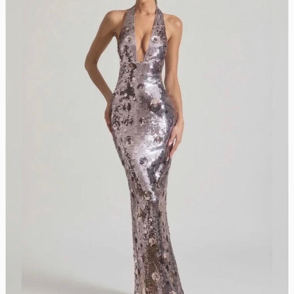 Oh Polly Nolira Maxi Dress Sequined Deep v-neck Silver Size 6 New
